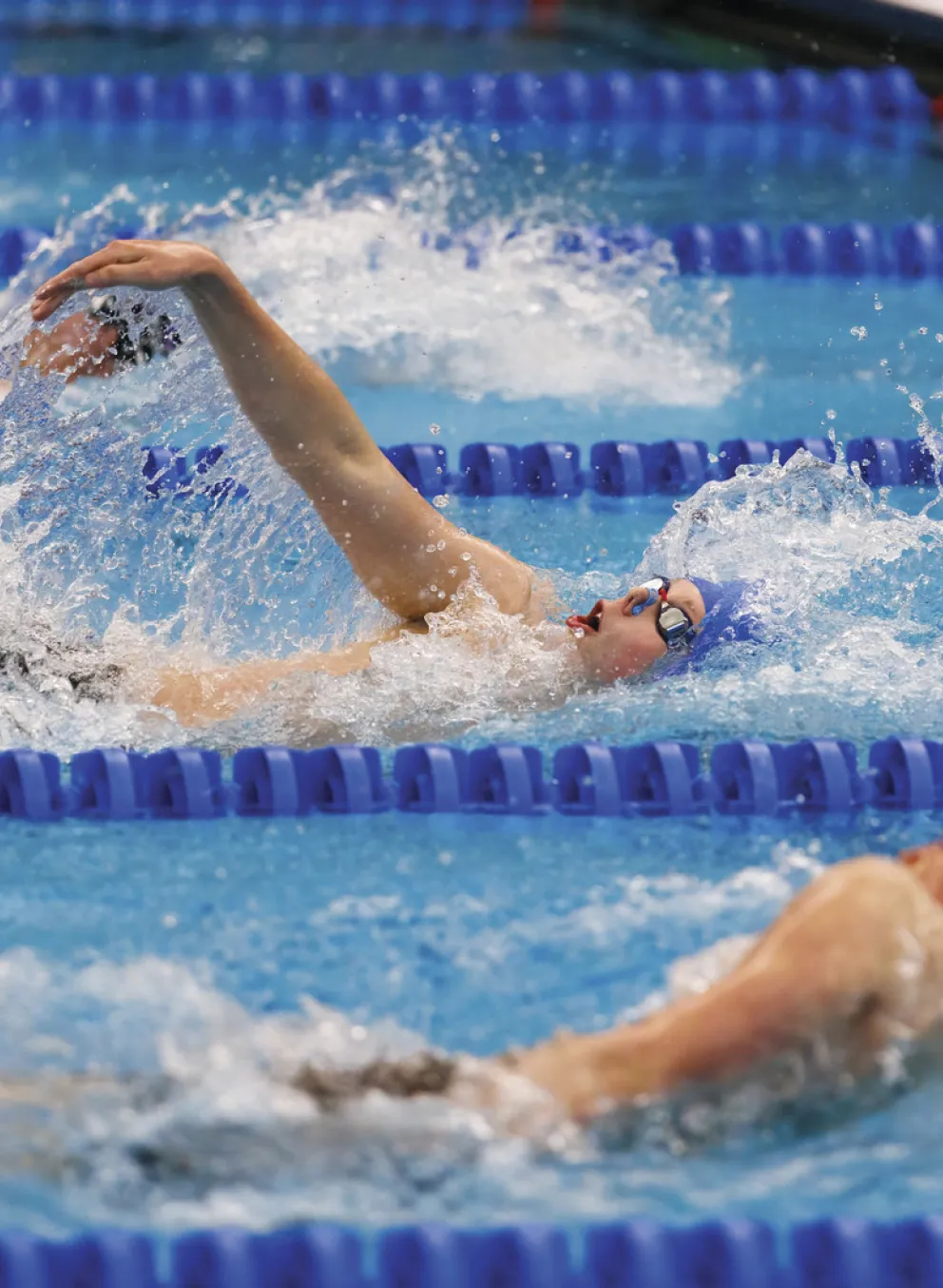Three male swimmers are seen swimming the backstroke at the Short Course 100th Anniversary YMCA National Championship.